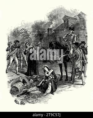 Ein alter Kupferstich des britischen Brigadegenerals Benedict Arnold bei der Verbrennung von New London Connecticut, USA bei Sonnenaufgang am 6. September 1781. Es stammt aus einem amerikanischen Geschichtsbuch aus dem Jahr 1895. Die Abbildung zeigt eine Frau, die Arnold mit einem Gewehr erschießen will. Benedikt Arnold (1741–1801) war ein ehemaliger Patriotenoffizier. Die Kontinentalarmee lagerte militärische Vorräte in der Stadt ein, stationierte aber nur ein kleines Kontingent, um sie zu schützen. Arnolds britische Soldaten überwältigten mit Hilfe lokaler Loyalisten die Kontinentalen. Nach der Plünderung der Stadt befahl Arnold seinen Soldaten, jedes Gebäude in Brand zu setzen. Stockfoto