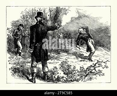 Eine alte Gravur des Duells zwischen Aaron Burr und Alexander Hamilton in Weehawken, New Jersey, USA bei Sonnenaufgang am 11. Juli 1804. Es stammt aus einem amerikanischen Geschichtsbuch aus dem Jahr 1895. Aaron Burr, Vizepräsident der USA, und Alexander Hamilton, ehemaliger Finanzminister. Es gab eine bittere Rivalität zwischen den beiden hochrangigen Politikern. Im Duell erschoss Burr Hamilton in den Bauch. Hamilton wurde in New York City zur Behandlung gebracht, starb aber am nächsten Tag. Das Duell beendete Burrs politische Karriere, da er verunglimpft wurde, weil er Hamilton erschossen hatte. Stockfoto