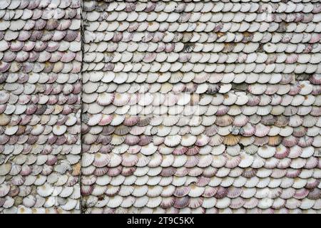 San Caralampio Einsiedelei mit Jakobsmuscheln bedeckt. Details. La Toja oder A Toxa Island, El Grove, Pontevedra, Galicien, Spanien. Stockfoto