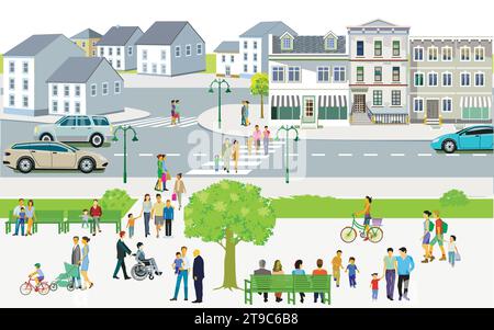 Freizeit mit der Familie im Vorort und Straßenverkehrsillustration Stock Vektor