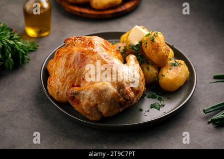 Portion appetitliches gebackenes Hühnchen mit Kartoffeln Stockfoto