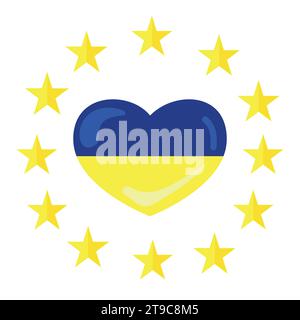 Ukrainische Flagge in Form eines Herzens in einem Rahmen von zwölf Sternen der Europäischen Union, Vektorillustration auf weißem Hintergrund. Ukrainisches Herzsymb Stock Vektor