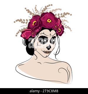 Frau Gesicht mit Zucker Schädel Make-up und Blumenkranz auf Kopf.Calavera Catrina für Poster, Karte Emblem Design Vektor Illustration isoliert. Stock Vektor