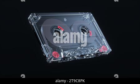 Transparentes Audiokassettenband auf schwarzem Studio-Hintergrund. Minimales Konzept. Retro. 3D-Rendering. Stockfoto