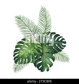 Aquarellillustration eines tropischen Blumenstraußes mit Monstera und Palmblättern. Grüne tropische Pflanze, handgezeichnet, isoliert Stockfoto