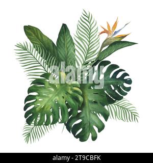 Aquarellillustration eines tropischen Blumenstraußes mit Monstera, Blume und Palmblättern. Grüne tropische Pflanze, handgezeichnet, isoliert Stockfoto