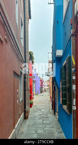 Charme in jedem Schatten: Eine enge Straße schlängelt sich zwischen einer fröhlichen Auswahl an farbenfrohen Häusern und schafft einen lebendigen Farbteppich, der zum Verweilen einlädt Stockfoto