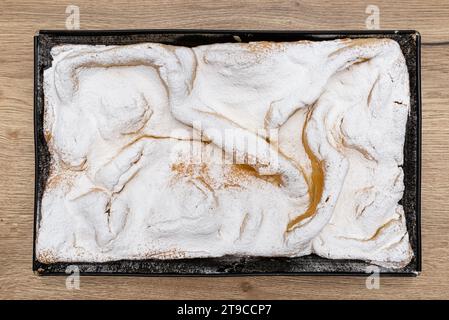 Kuchen mit Karpaten-Creme, mit Puderzucker bestreut auf einem Blech, Draufsicht. Stockfoto