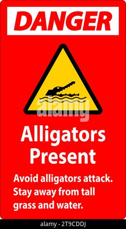 Warnschild Alligator, Gefahr - Alligatoren Sind Vorhanden Vermeiden Sie Angriffe, Halten Sie Sich Von Großem Gras Und Wasser Fern Stock Vektor