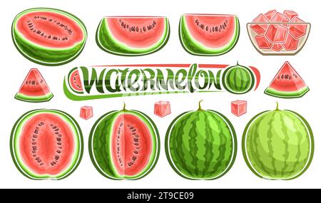 Vector Watermelon Set, Sammlung von ausgeschnittenen Umrissillustrationen von geschnittenen saftigen Wassermelonenteilen mit Körnern und Obstsalat in Glasschale, grün Stock Vektor