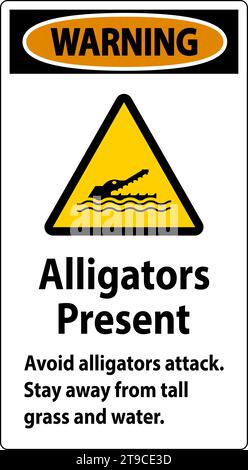 Warnschild Alligator, Gefahr - Alligatoren Sind Vorhanden Vermeiden Sie Angriffe, Halten Sie Sich Von Großem Gras Und Wasser Fern Stock Vektor