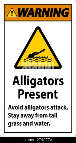 Warnschild Alligator, Gefahr - Alligatoren Sind Vorhanden Vermeiden Sie Angriffe, Halten Sie Sich Von Großem Gras Und Wasser Fern Stock Vektor