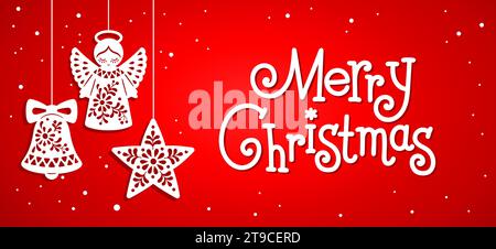 Horizontales Banner im Papierschnitt mit dem Text „Merry Christmas“. Vektor Hand gezeichnete Illustration des kunstvollen Weihnachtsengels, des Sterns und der Glocke auf dunkelrot Stock Vektor