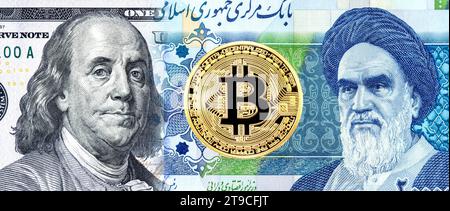 Bitcoin und Porträts von Franklin auf us-Dollar-Banknoten und Ayatollah Khomeini auf iranischen Rials. Geschäftskonzept Foto des Wechselkurses, s Stockfoto