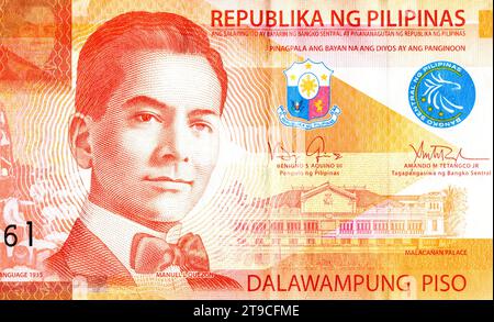 Fragment Philippinen 20 Peso Bill mit Präsident Manuel Luis Quezon y Molina (1878–1944) Porträt Stockfoto