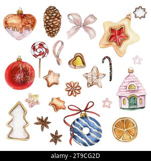 Set mit Elementen für Weihnachten. Weihnachtsbaumspielzeug, Kuchen, Bänder. Aquarell Hand gezeichnete Illustration für Scrapbooking, Ihr Design, Hochzeitseinladung Stockfoto