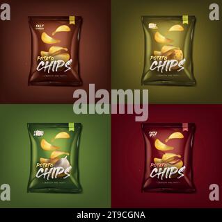 Werbebeutel mit realistischem Kartoffelchips-Set. Stock Vektor
