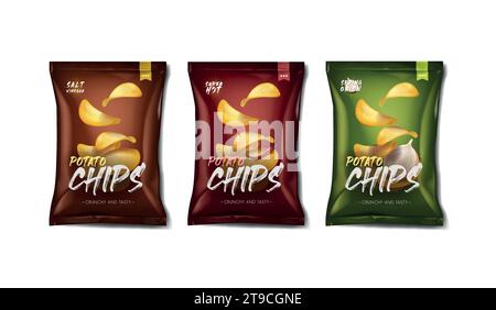Werbebeutel mit realistischem Kartoffelchips-Set. Stock Vektor