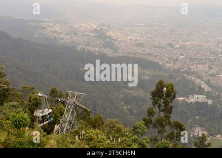 Skyline von Bogota ab Monserrate Mountain Top, mit Seilbahn im Vordergrund Stockfoto