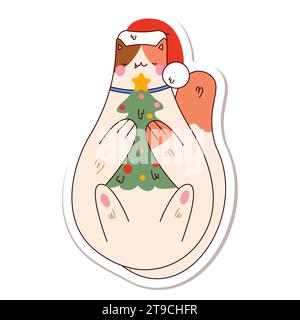 Niedliche Cartoon-fette verschlafene Katze mit Weihnachtsbaum Stock Vektor