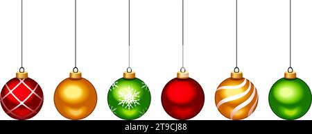 Weihnachtskugeln. Set aus roten, goldenen und grünen hängenden Weihnachtskugeln isoliert auf weißem Hintergrund. Vektorabbildung Stock Vektor