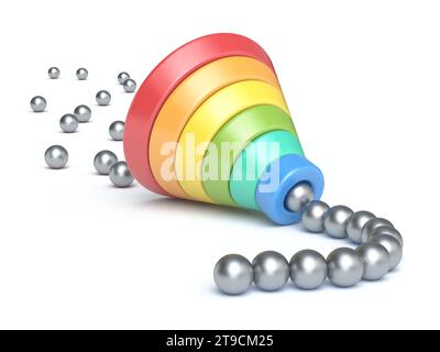Diagramm Trichter sortieren Metallkugeln 3D-Rendering-Illustration isoliert auf weißem Hintergrund Stockfoto