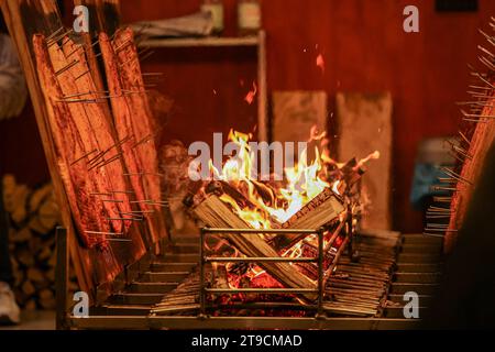 Weihnachtsmarkt in Bonn 2023 Köstlicher Flammlachs am Feuer - in der Vorweihnachtszeit 24.November bis 23. Dezember verwandelt der Weihnachtsmarkt die Bonner Innenstadt wieder in eine stimmungsvolle Budenstadt. Die beliebte Mischung aus kunsthandwerklichen und kulinarischen Angeboten lockt wie jedes Jahr tausende Besucher an. Bonn NRW Deutschland *** Weihnachtsmarkt in Bonn 2023 köstlicher geflammter Lachs am Feuer im Vorfeld der Weihnachtszeit vom 24. November bis 23. Dezember verwandelt der Weihnachtsmarkt wieder die Innenstadt von Bonns in eine stimmungsvolle Ständerstadt Stockfoto