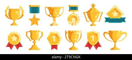 Goldene Trophäe und Auszeichnungen. Flaches Design, Trophäenbecher und Medaillenbänder für das Konzept der Preisverleihung. Vektorsatz der Illustration des Wettbewerbs „Achievement Award“ Stock Vektor