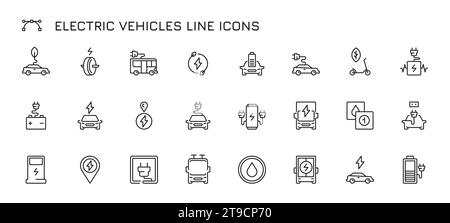 Symbole für Elektroautos. Laden und Parken von Elektrofahrzeugen, Hybrid-Elektroautos und -Station, umweltfreundliches Transportkonzept. Vektorsatz der elektrischen Energie Elektrizität Illustration Stock Vektor