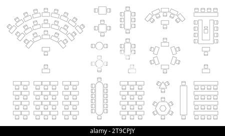 Sitzplan für Hochzeiten. Inneneinrichtung für Konferenz-, Bankett- und Seminarräume, Konferenzsaal und Seminarraum. Vektor-Draufsicht der Anordnung der Bankettmöbel-Sitze Illustration Stock Vektor