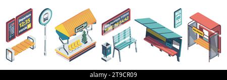 Isometrische Station für öffentliche Verkehrsmittel. Terminal mit Sitzplätzen für Oberleitungsbusse und Straßenbahnen, Bahnhofsbau für Stadtfahrzeuge. Vektorsatz der isometrischen öffentlichen Verkehrssituation Stock Vektor