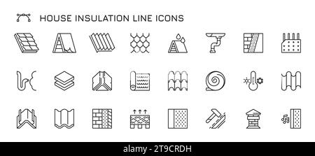 Symbole für die Isolierleitung des Hauses. Warme Dämmmaterialien für Wände und Decken, Hausrenovierung und Bauarbeiten. Vektorflacher Satz von Dach Steinwolle und thermische Symbol Illustration Stock Vektor