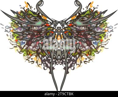 Farbiges Schmetterlingsmonster auf weiß für Textilien oder Stoff. Detaillierte Schmetterlingsflügel für Geschäftskonzepte, Embleme, Tattoos, Innenräume, Modetrends Stockfoto