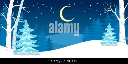 Winter Hand gezeichnete Vektor-Illustration der Waldlandschaft, horizontales Banner. Silhouette von verschneiten Weihnachtsbäumen, Winterwald bei Mondnacht Stock Vektor