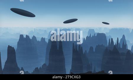 Drei Alien-Raumschiffe fliegen über Berge, Fiktion Illustration Hintergrund Stockfoto