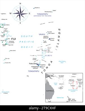 Sehr detaillierte politische Vektorkarte von Tonga mit Verwaltungsregionen und Hauptstädten. Stock Vektor