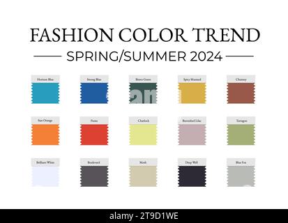 Fashion Color Trend Frühjahr - Sommer 2024. Leitfaden für trendige Farben. Pinselstriche der Farbe mit Namensfeldern. Einfach zu bearbeitende Vektorvorlage Stock Vektor