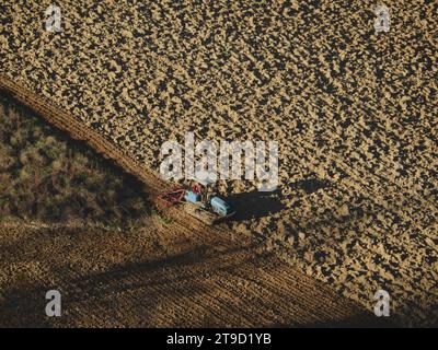 Ein gekrabbelter Traktor pflügt trockenen Boden auf dem Hügel des Arda-Tals, Italien, um während der Herbstsaison im november Weizen zu säen Stockfoto