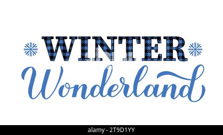Winter Wonderland Kalligraphie Schriftzug. Poster mit Typografie für saisonale Feiertage. Vektorvorlage für Grußkarte, Banner, Flyer, Aufkleber, Schild, usw. Stock Vektor