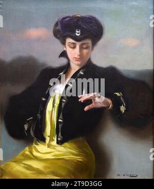 Die Zigarette. 1906, Öl auf Leinwand. Sitzende Frau rauchend. Ramon Casas (1866-1932). Katalanischer Maler. Museum von Montserrat. Spanien. Stockfoto