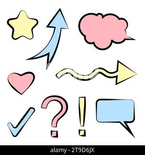 Zeichen und Symbole auf weißem Hintergrund. Vektorillustration im Doodle-Stil. Stock Vektor