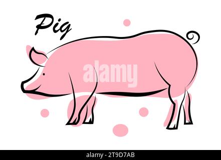 Rosafarbenes Schwein auf weißem Hintergrund. Stock Vektor