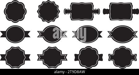 Set aus dekorativen Etiketten, Aufklebern oder Rahmen im Vintage- und Retro-Stil. Hochzeitsabzeichen, Verkaufs- oder Rabattaufkleber, Einladungskarte. Satz von Vektorsymbolen Stock Vektor