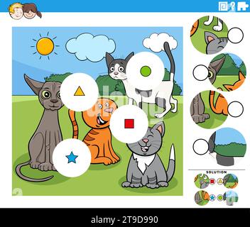Cartoon Illustration des lehrreichen Match the Pieces Puzzlespiel mit Comic Katzen Tierfiguren Stock Vektor