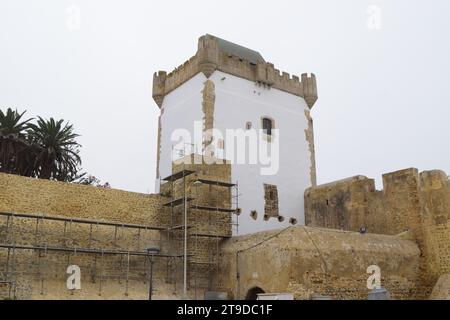 Nicht bearbeitetes Foto zeigt Gerüste für die Erneuerung und Renovierung von alten historischen Gebäuden Burgturmmauern Stockfoto