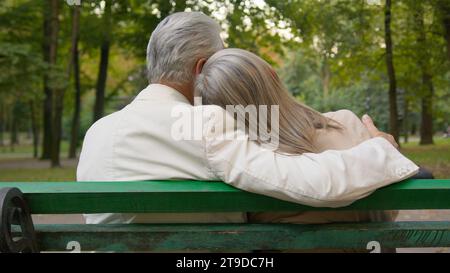 Rückansicht Happy lovely Grey haarige Senior verheiratete Paar Sitzbank Gespräch diskutieren Umarmung Stadtpark draußen. Romantischer alter Mann, Frau, umarmt das Reden Stockfoto