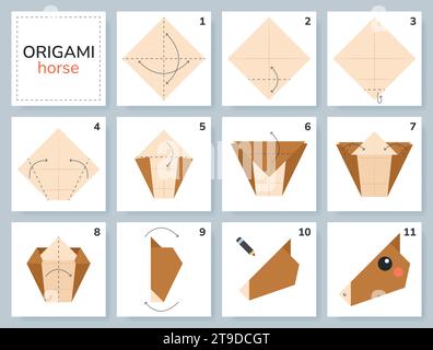 Origami-Tutorial für Kinder. Origami süßes Pferd. Stock Vektor