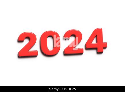 Happy New Year 2024 Konzept. Feiertagstext. Rote Zahl isoliert auf weißem Hintergrund mit Schatten. 3D-Rendering. Stockfoto