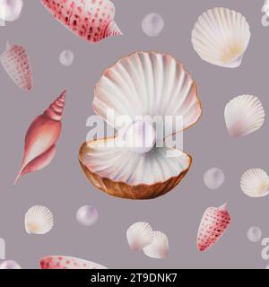 Wasserfarbenes nahtloses Muster mit Schalen und Perlen. Sie malen mit der Hand unter Wasser lebendige Objekte auf einem weißen, isolierten Hintergrund. Für Designer Stockfoto