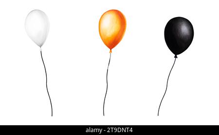 Aquarell-Halloween-Ballons auf einer Schnur-Illustration. Handmalerei orange, schwarz, weiße Ballonskizze isoliert auf weißem Hintergrund. Für Konstrukteure Stockfoto